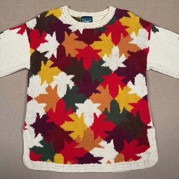 Vintage Fall Leaf Sweater Autumn Maple 80s 90s Ramie Knit BEST American L - Picture 3 of 9